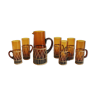 Service à orangeade en verre ambré rotin & osier vintage années 70, 1 carafe et 6 verres