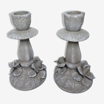 Bougeoirs de table en porcelaine italienne Capodimonte, fin XIX ème , patinée taupe