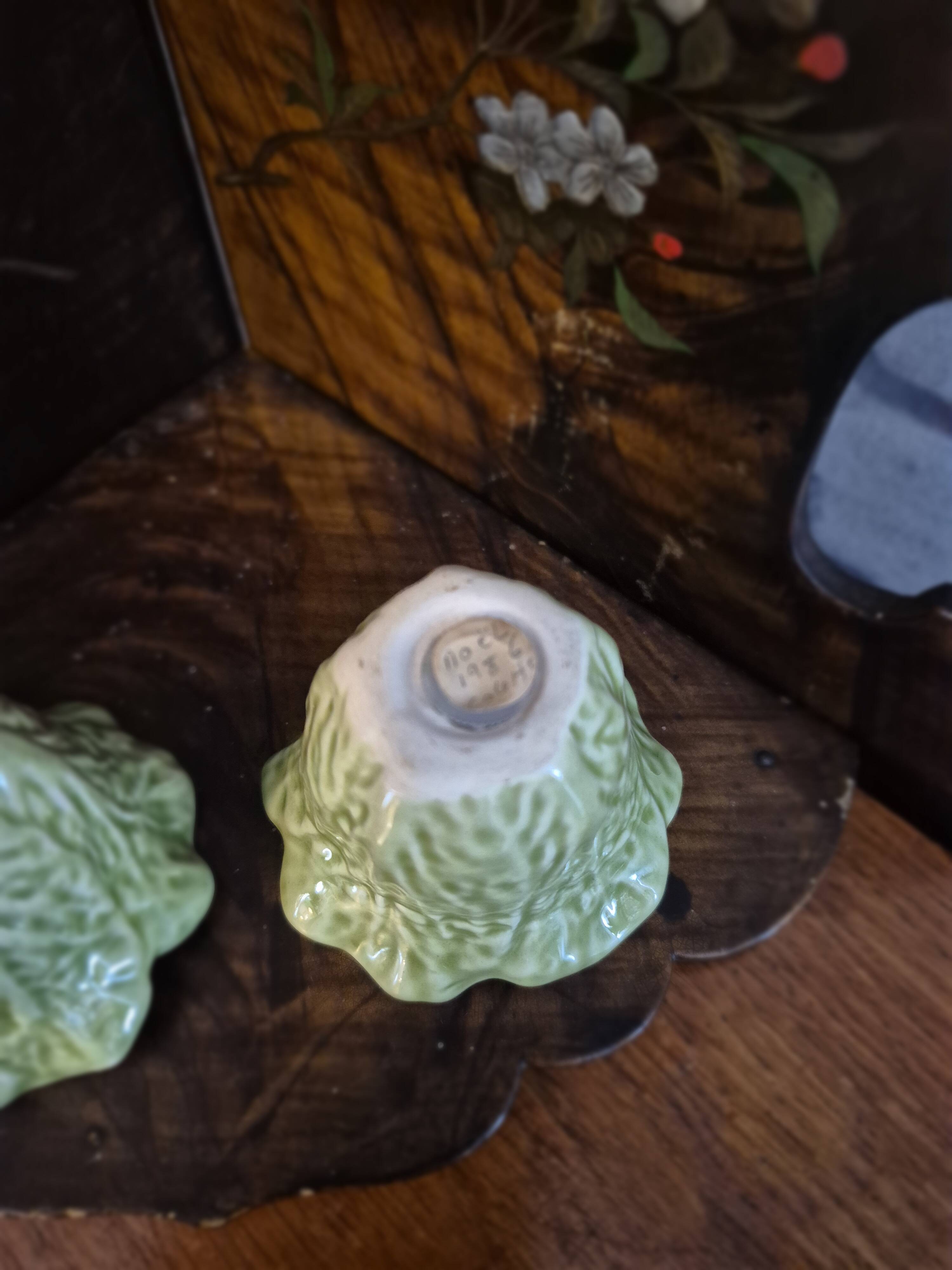 Vintage cabbage barbotine salt and pepper shaker duo
