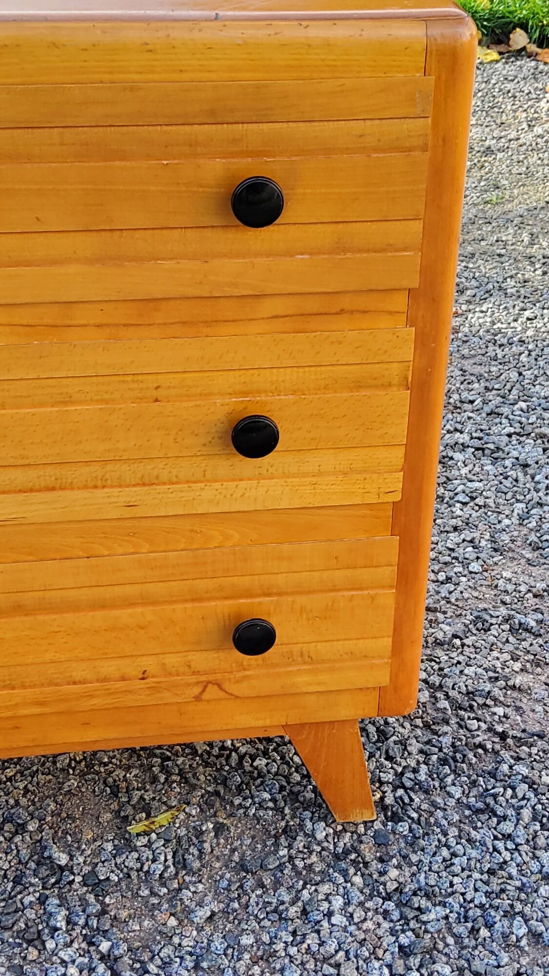 Vintage chest of drawers from the 50s in blond and gold beech 3 drawers feet compass