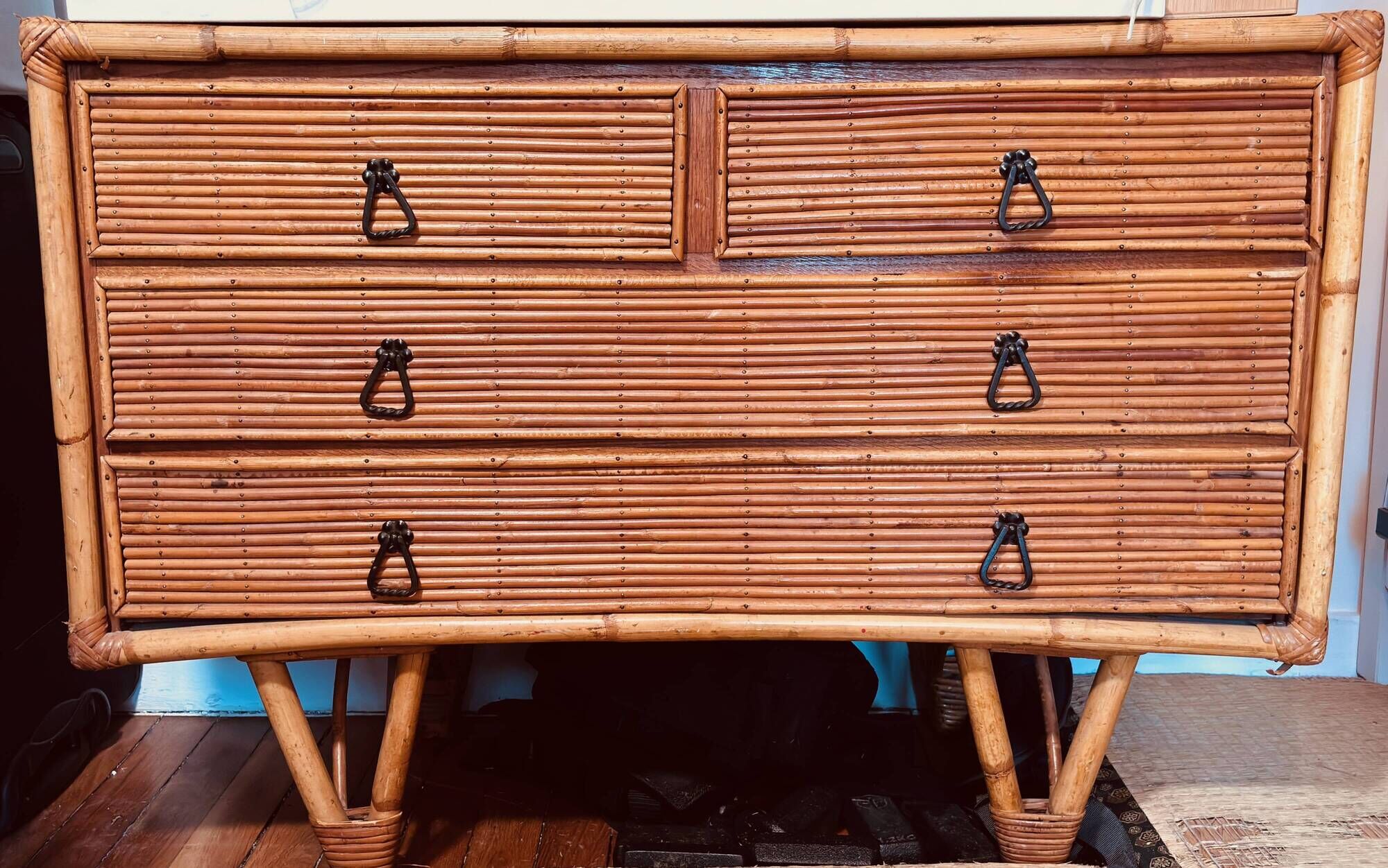 Vintage bamboo and rattan chest of drawers from the 1960s.