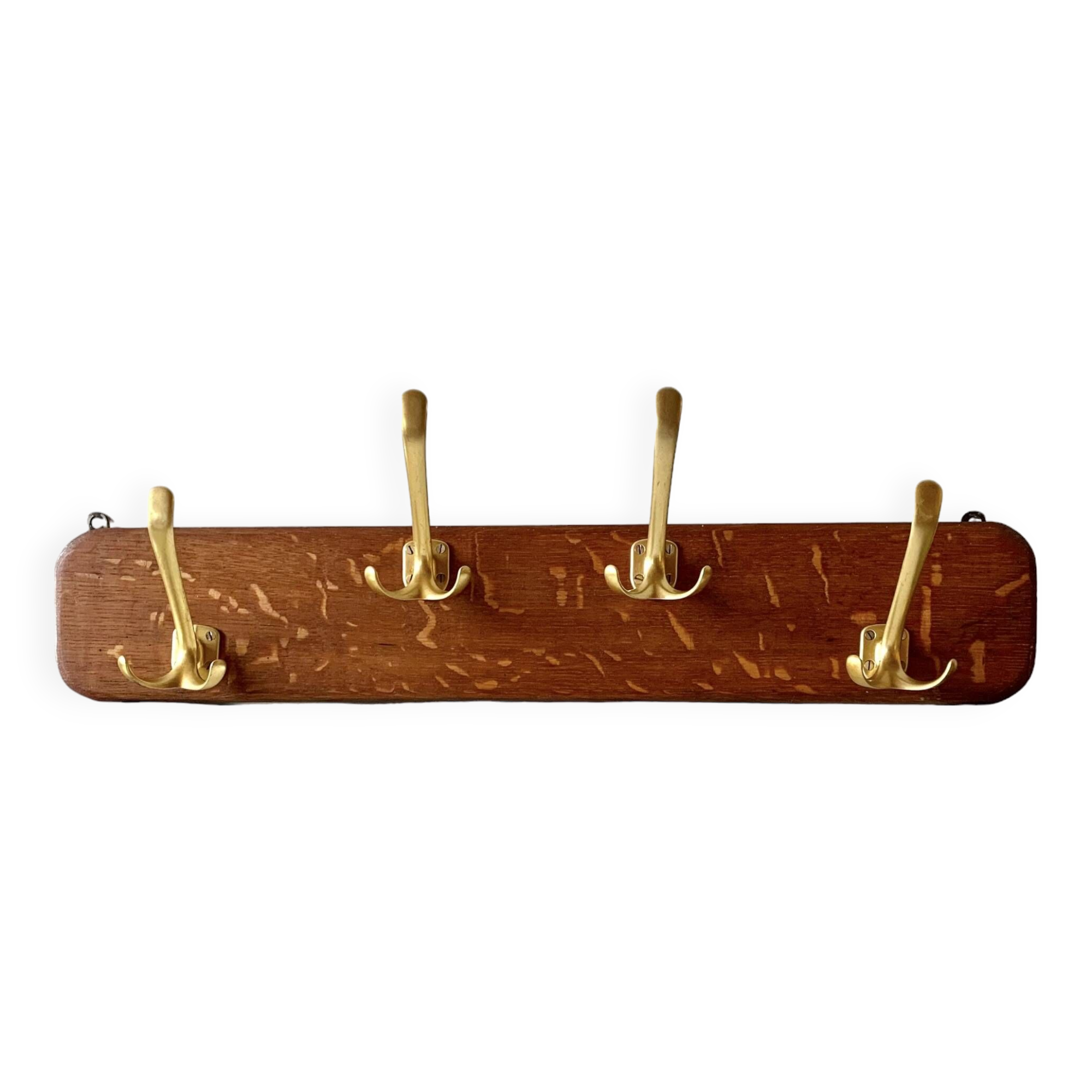 Vintage wooden wall coat rack with 4 double golden aluminum hooks