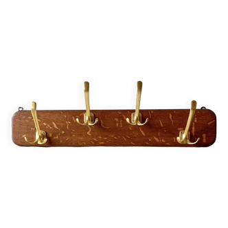 Vintage wooden wall coat rack with 4 double golden aluminum hooks