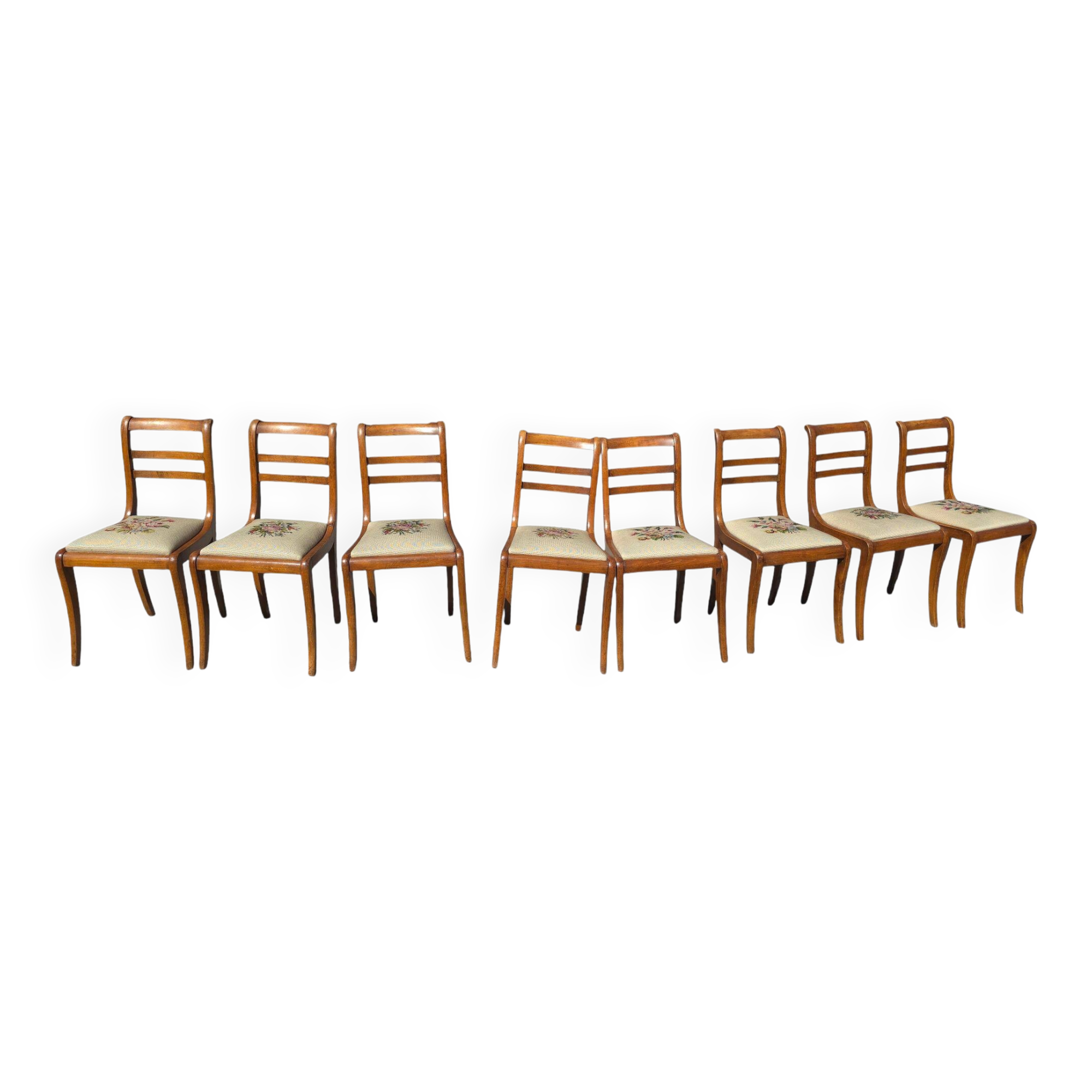 8 cherry wood chairs with embroidered seats