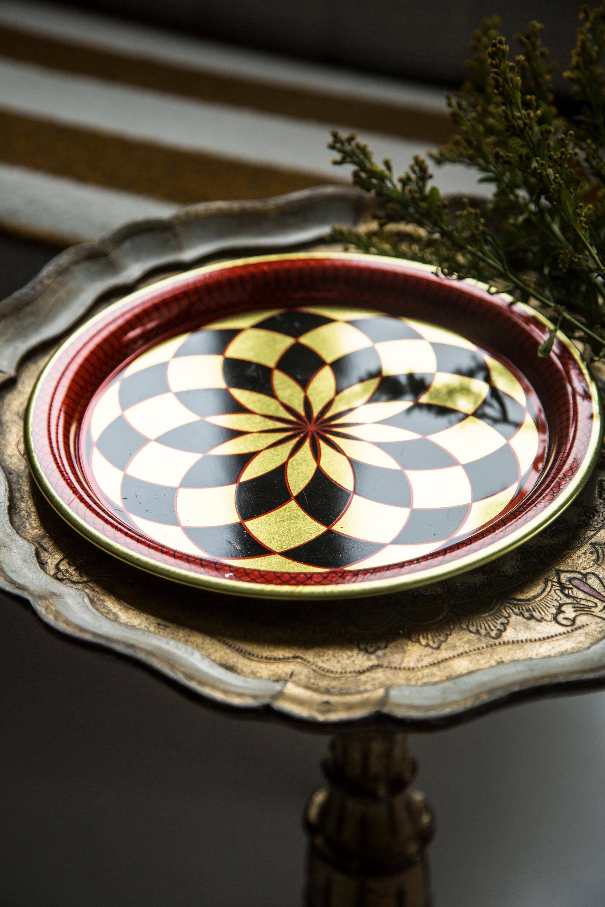 Vintage decorative plate in red, black, and gold metal, Poland, 1960s.