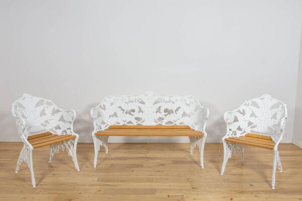 Ensemble de jardin de style victorien Coalbrookdale – Banc et deux fauteuils, Royaume-Uni, années 1950, ensemble de 3