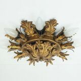 Plafonnier italien vintage lampe florentine feuilles en métal style régence hollywoodienne