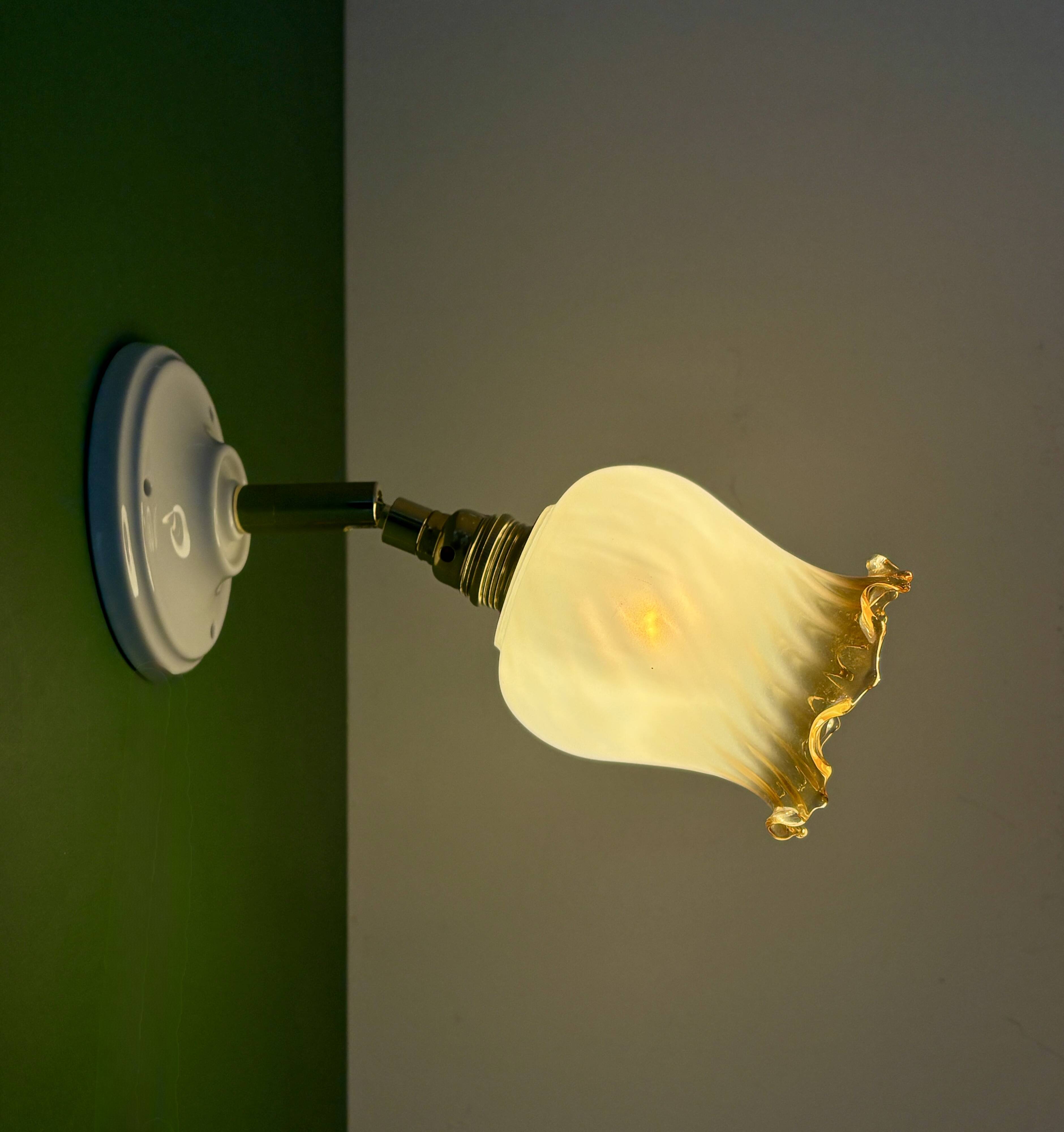 Vintage tulip wall light in white and amber glass