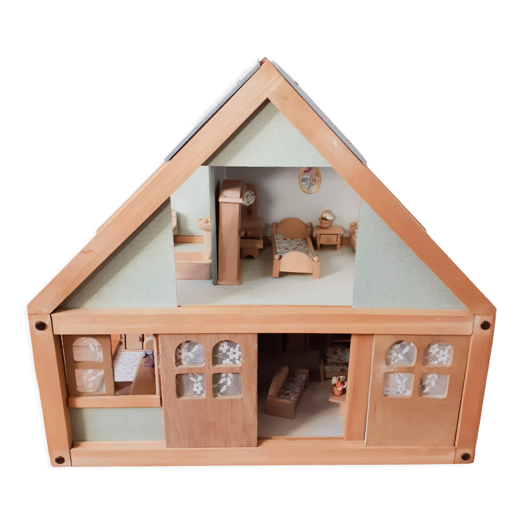 Wooden dollhouse, revamped, furnished, vintage French