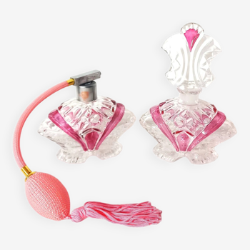 Pair of Art Deco Style Perfume Bottles in Transparent and Pink Glass