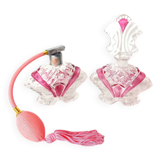 Paire de Flacons de Parfum de style Art Déco en Verre Transparent et Rose