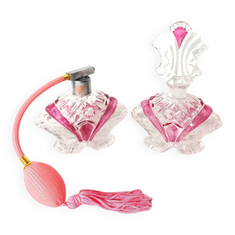 Pair of Art Deco Style Perfume Bottles in Transparent and Pink Glass