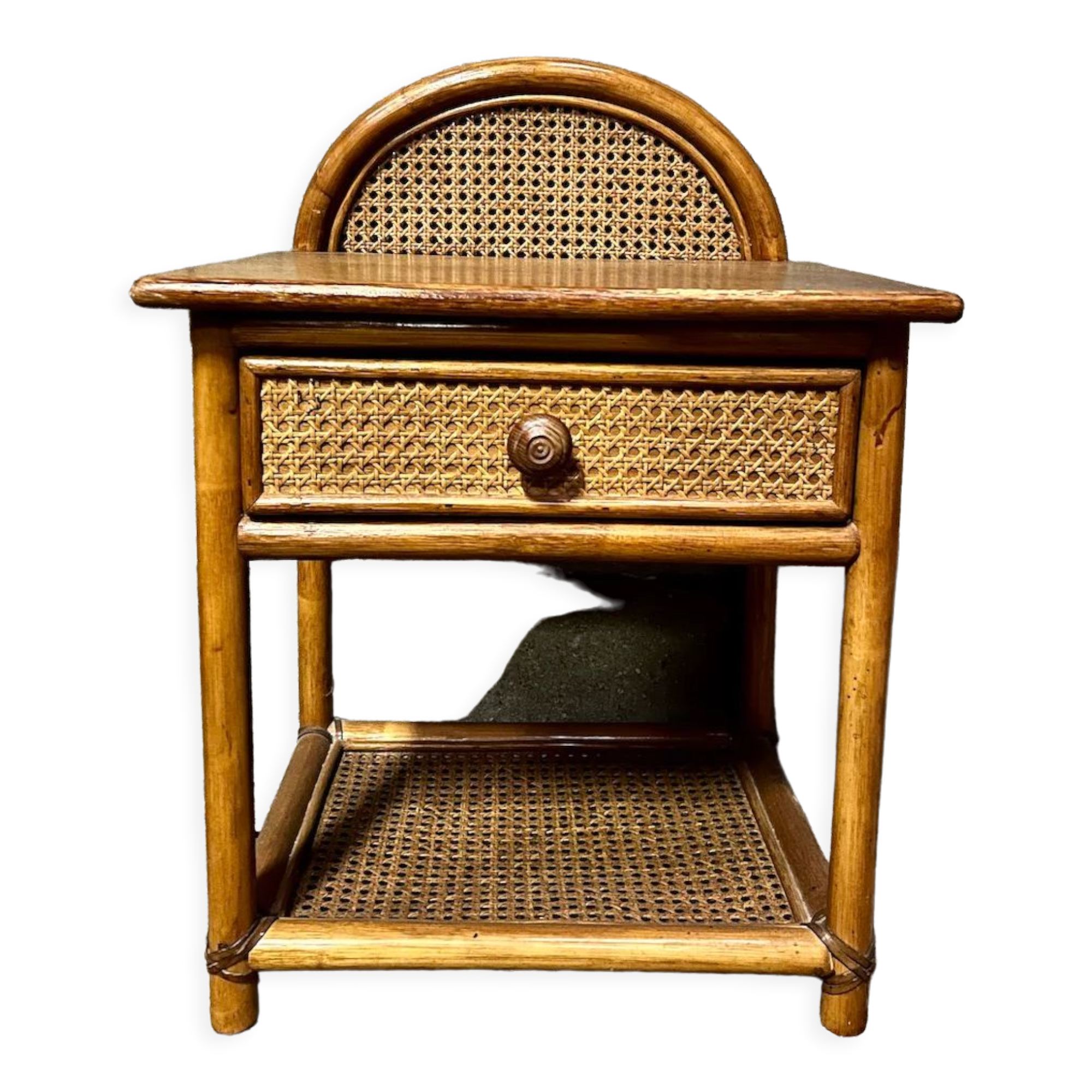 Vintage bedside table in rattan, wood and canning
