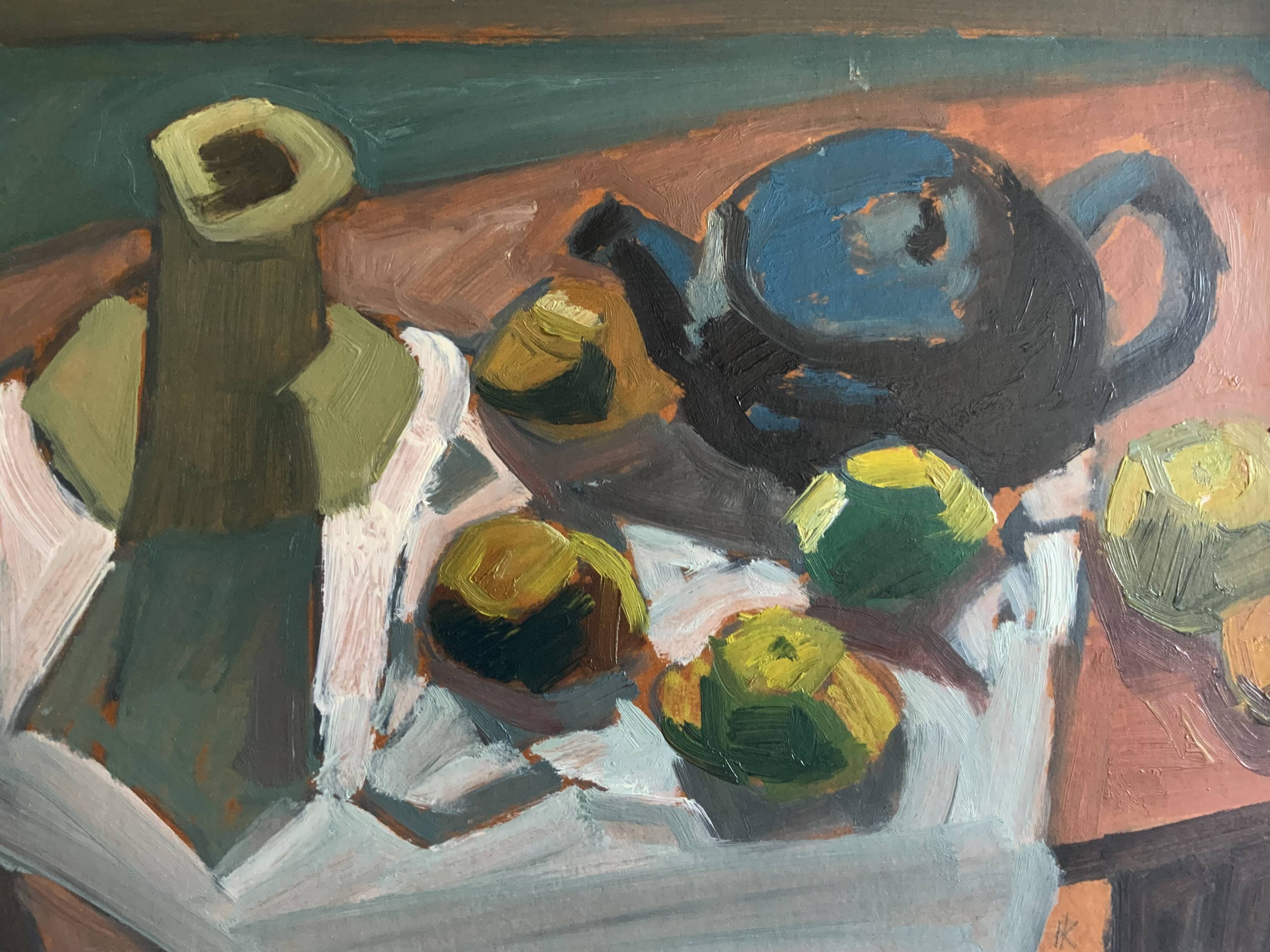 Original Modernist artwork still life with fruits and blue teapot 1950s