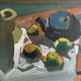 Oeuvre moderniste originale nature morte avec des fruits et une théière bleue des années 1950