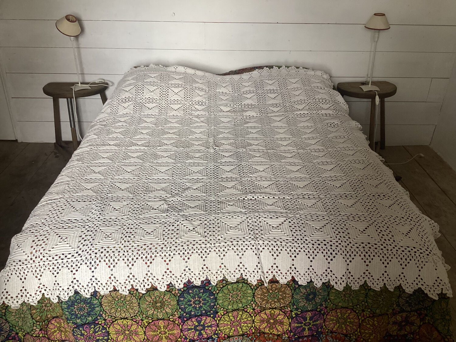 White cotton crochet bedspread with squares