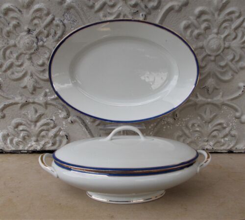 Vegetable and its dish Limoges porcelain blue and gold fillet