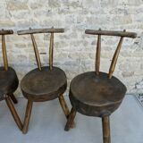 Suite of 4 tripod chairs, trunk seats, solid wood