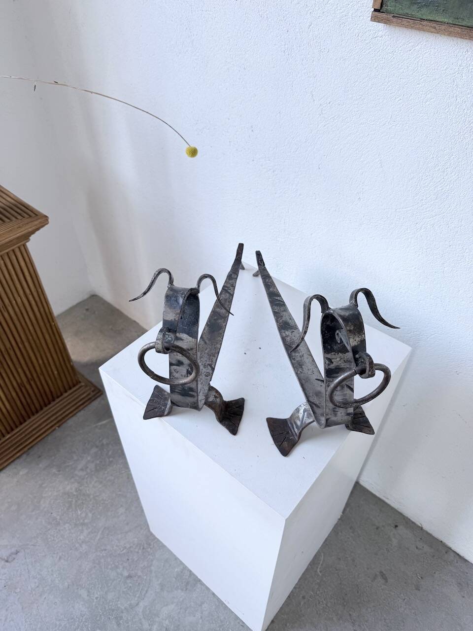 Pair of zoomorphic metal andirons "dogs" 1950