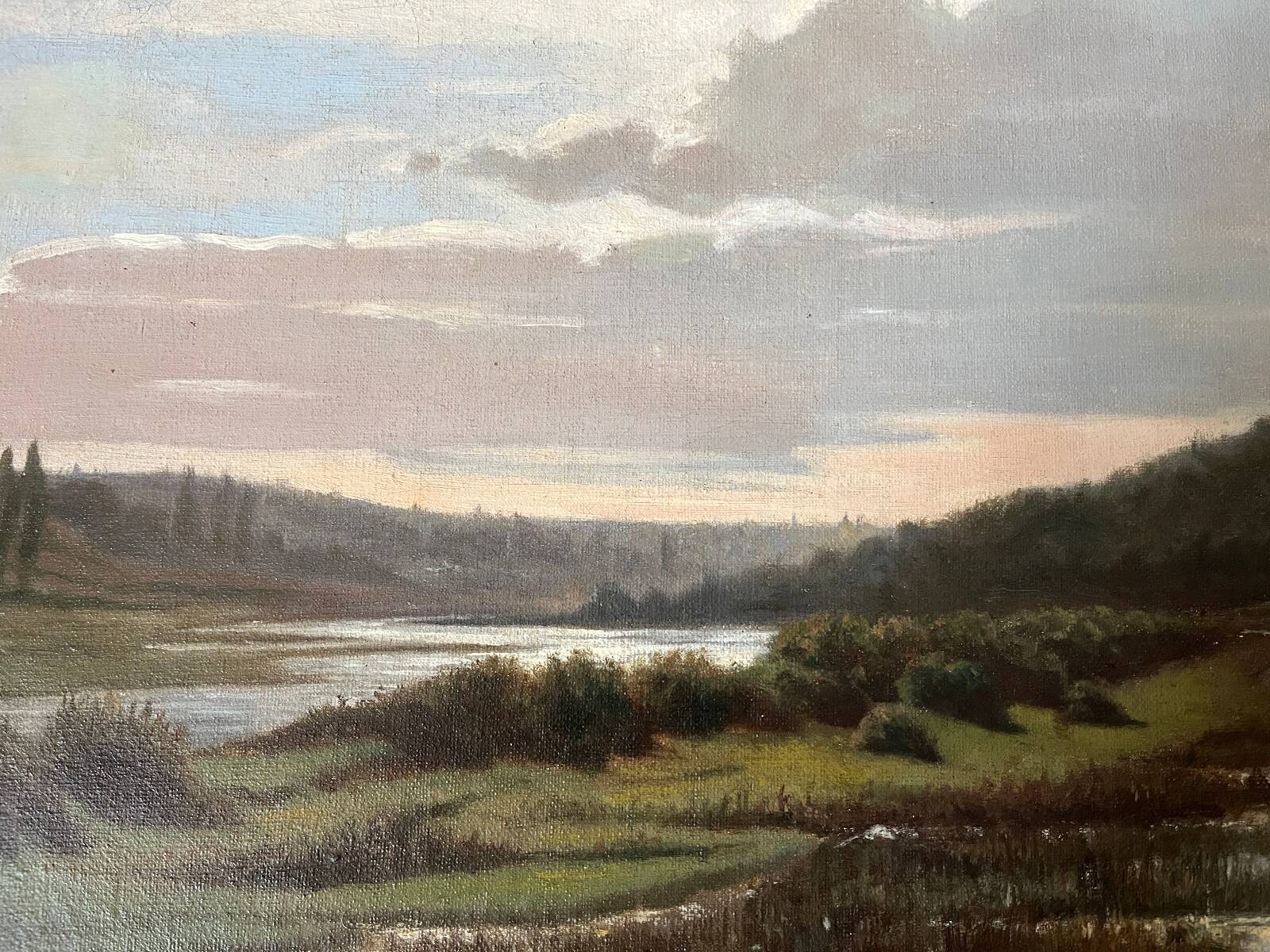 Large painting dated 1872 "Landscape with village by the river" signed