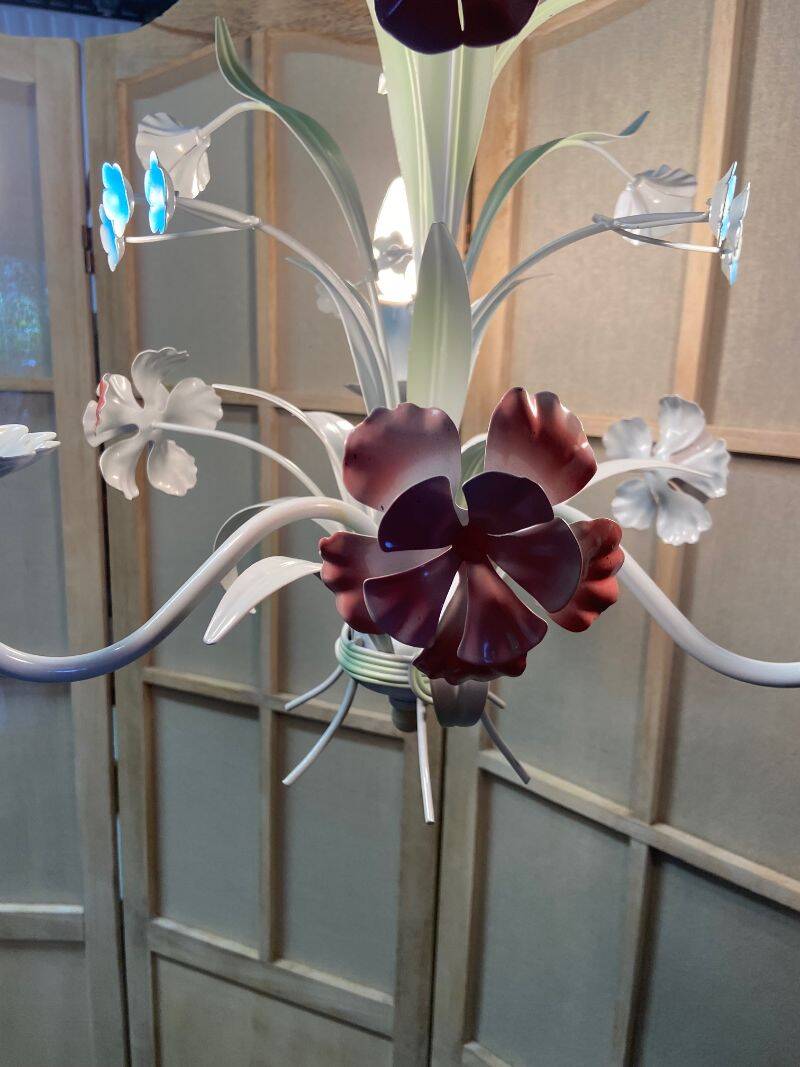 Antique florentine ceiling chandelier floral bouquet design 1970 decorative art sheet metal