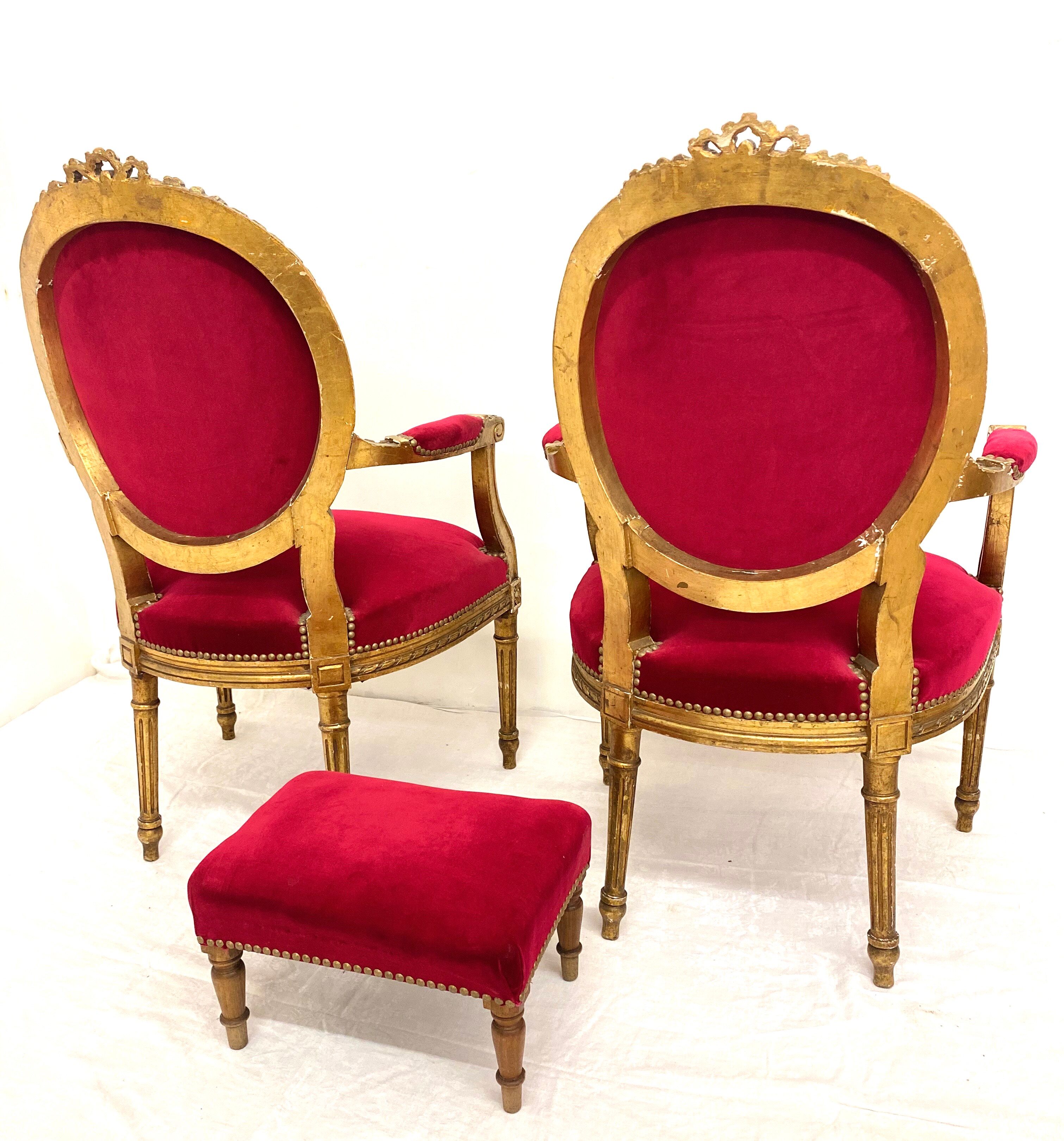 Pair of Louis XVI-style armchairs and one ottoman