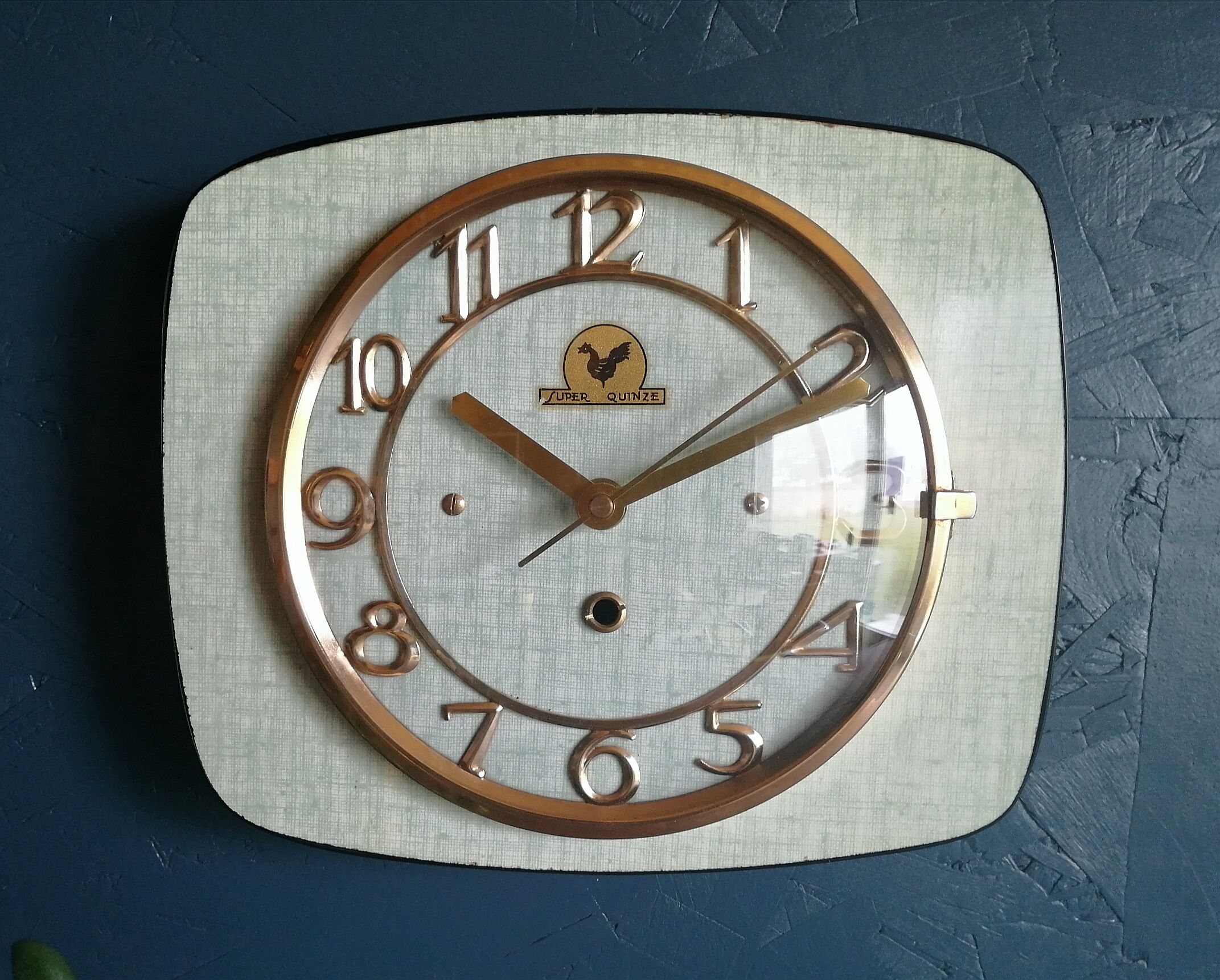 Vintage formica clock silent rectangular wall clock "Super Quinze Vert"