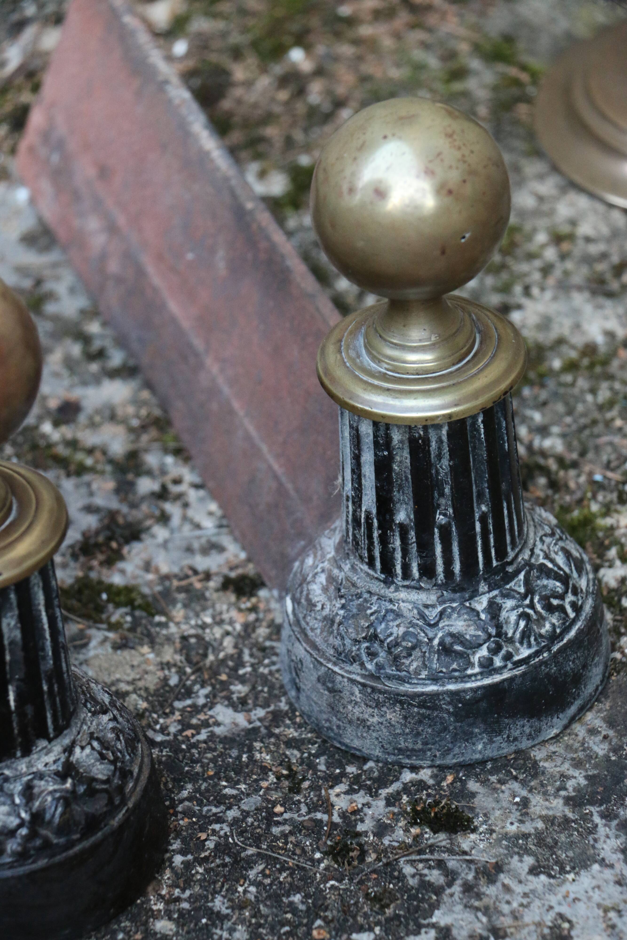 Brass fireplace servant with pair of cast iron pegs with vintage brass ball year 60