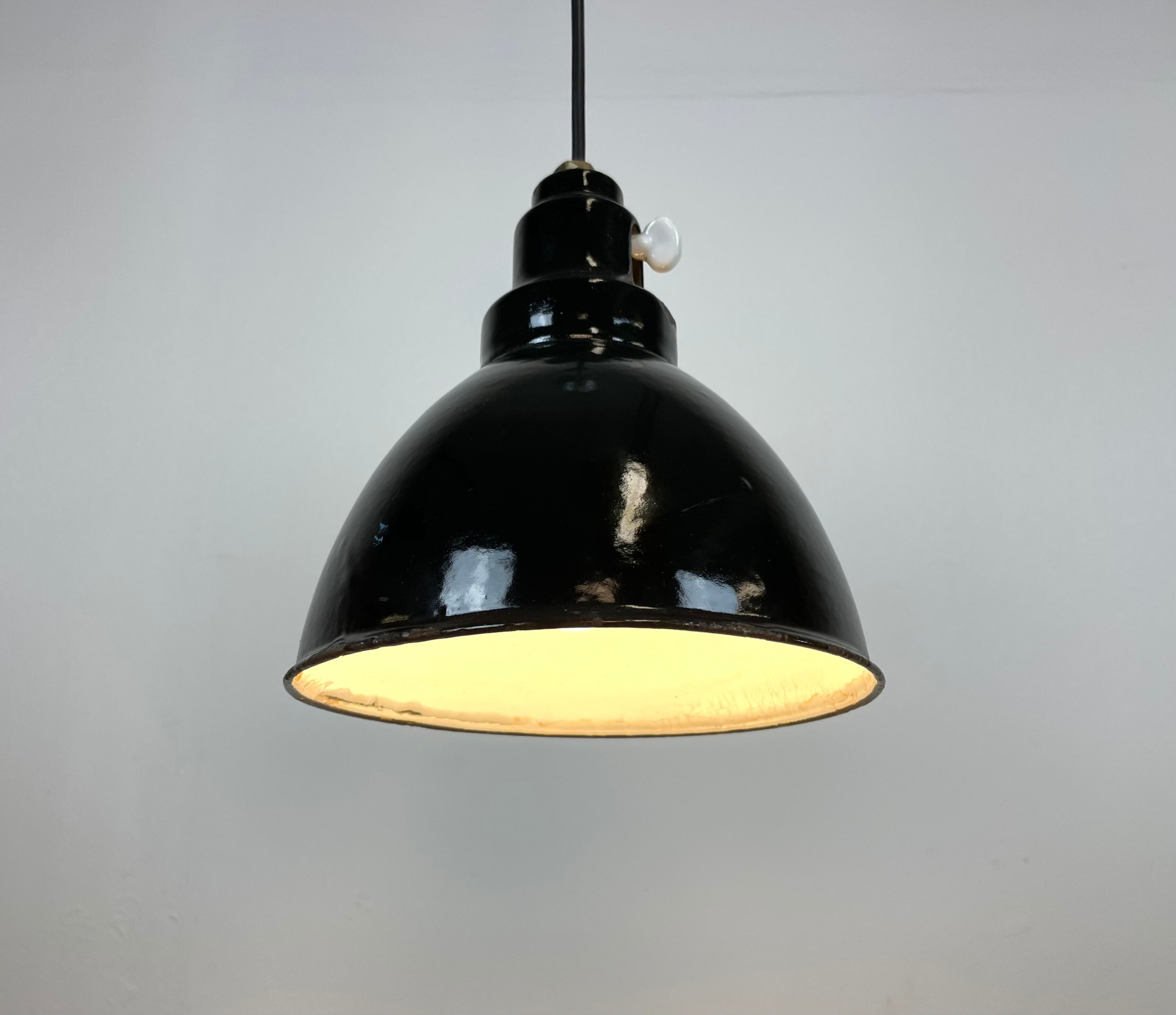 Industrial black enamel pendant lamp, 1950s