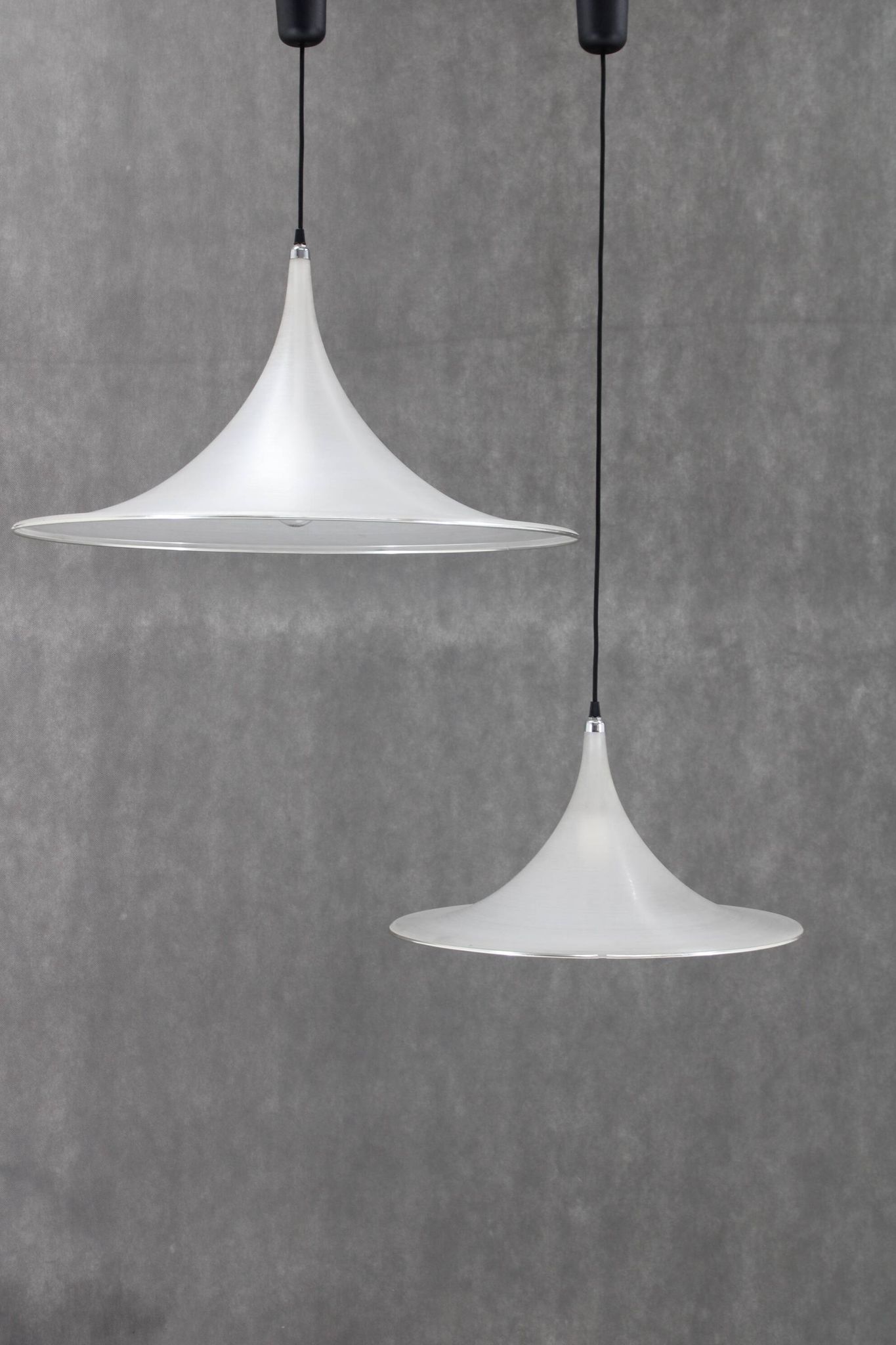 1970s Pair of Guzzini "Trumpet" Pendant Lamps by Meblo , Italy