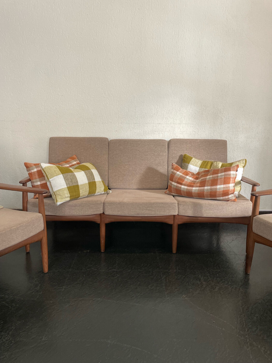 Vintage Scandinavian teak lounge — 3-seater sofa and two armchairs.