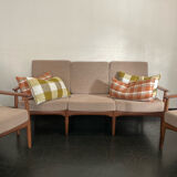 Vintage Scandinavian teak lounge — 3-seater sofa and two armchairs.