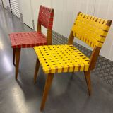 Paire chaises rouge et jaune style Risom vers 1950