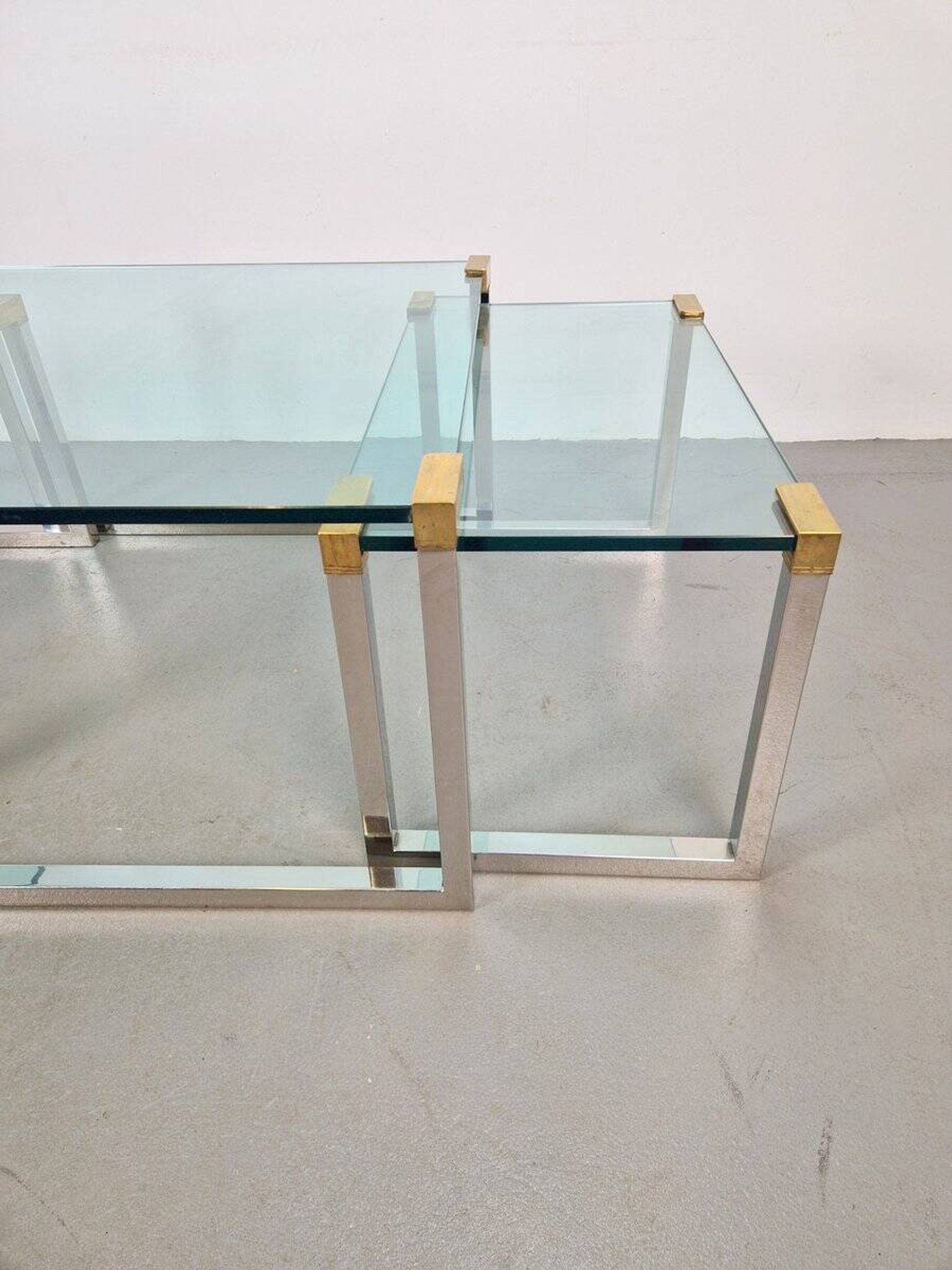 T53 Coffee and Side Tables in Brass and Glass by Peter Ghyczy, 1970s, Set of 3