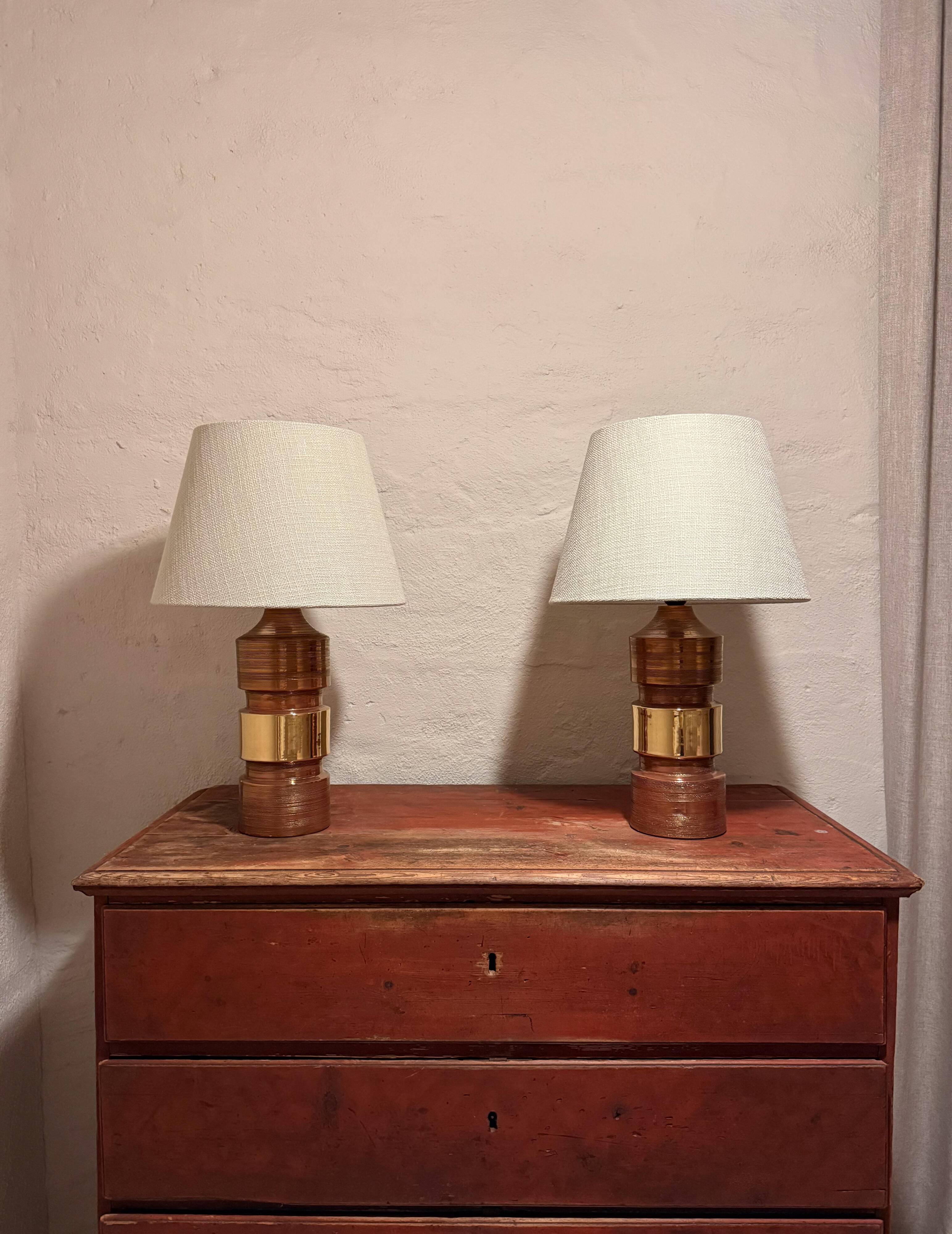 Vintage Bergboms Bitossi table lamps, ceramic with copper glaze, Sweden 1960s.