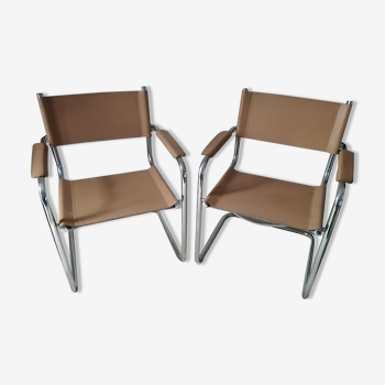 Pair of leather and chrome armchairs