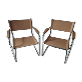 Pair of leather and chrome armchairs