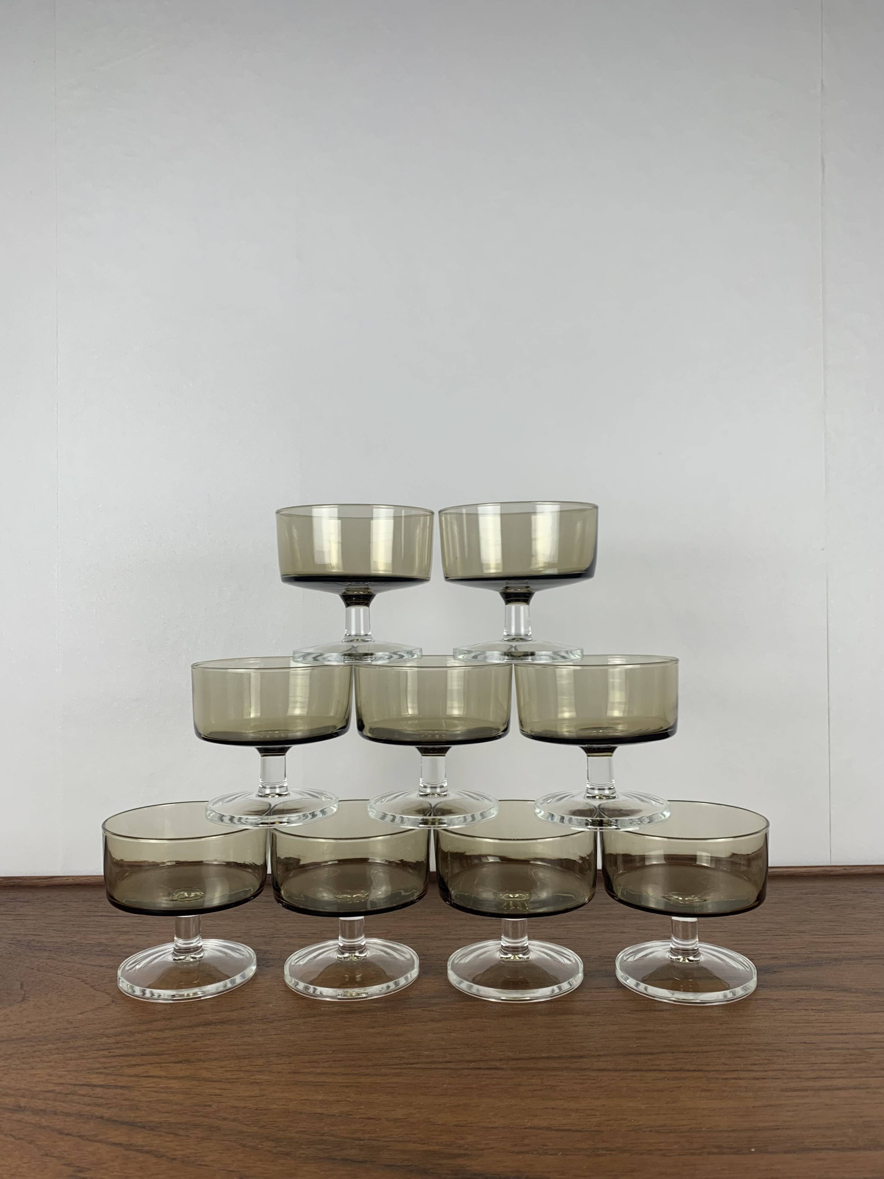Set of 9 smoked glass champagne glasses, 1970