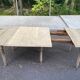 Round extendable dining table with flaps, stripped in raw oak, with 3 extensions.