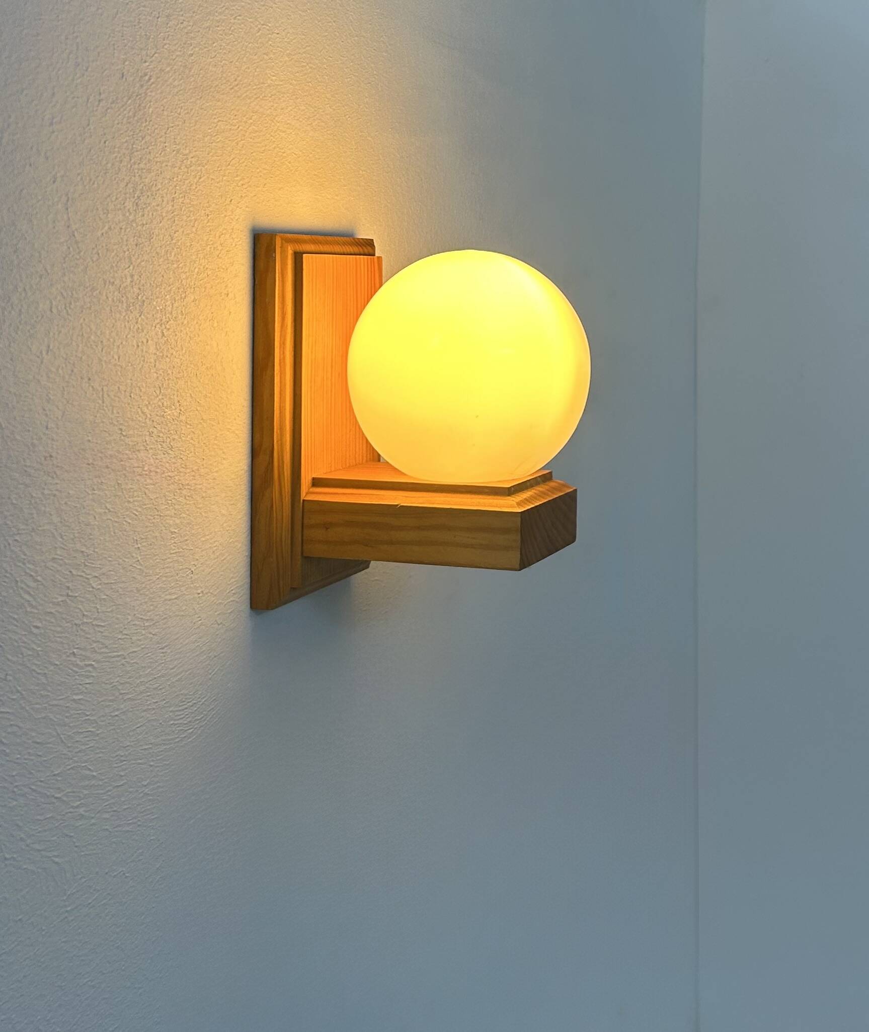 Vintage wall light, pine and opaline glass, France, 1970