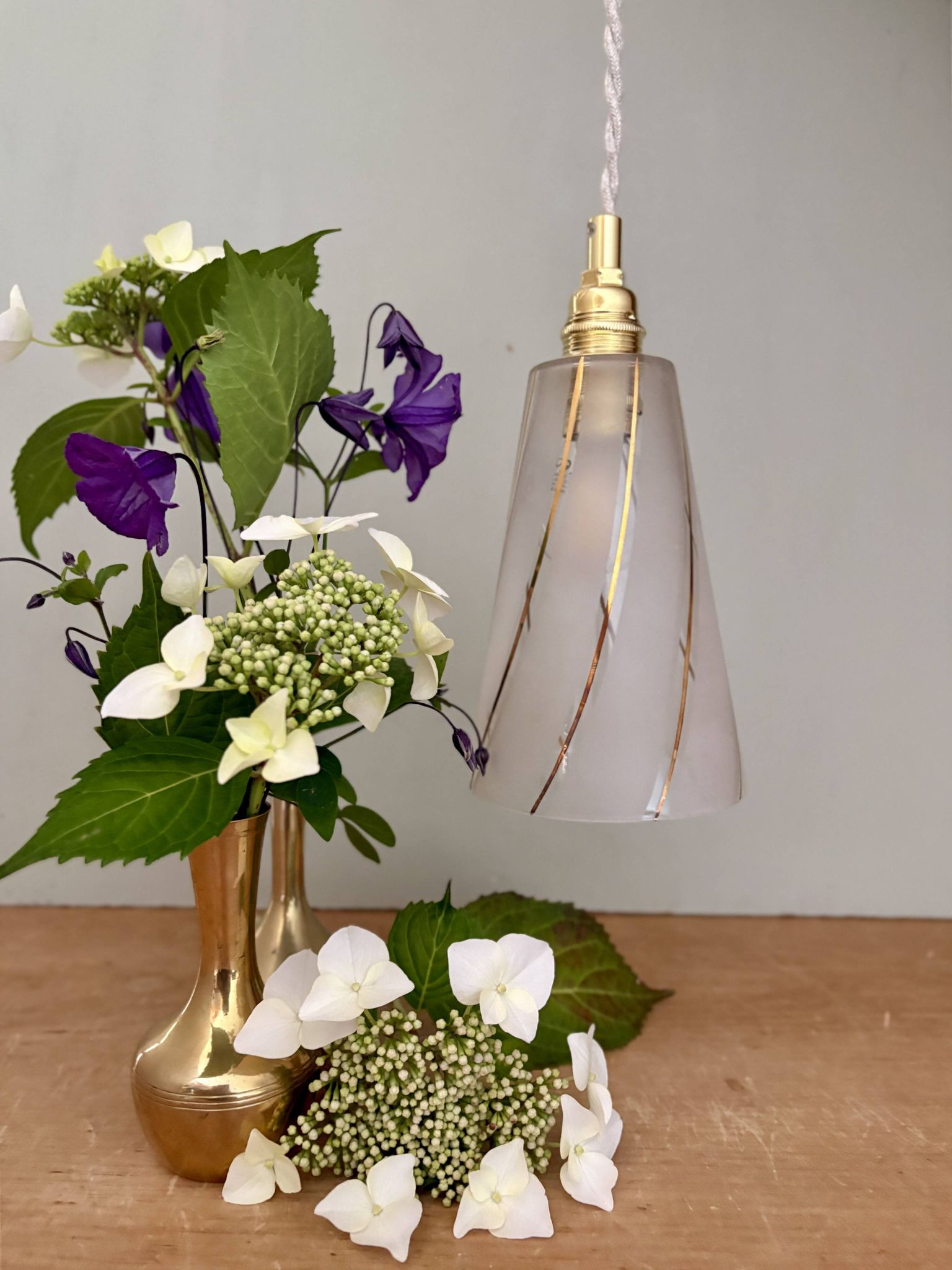 Vintage tulip pendant light in white frosted glass and gold trim