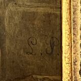 Oil on wood panel, woman with basket, signed LP, Jean Baptiste Le Prince?