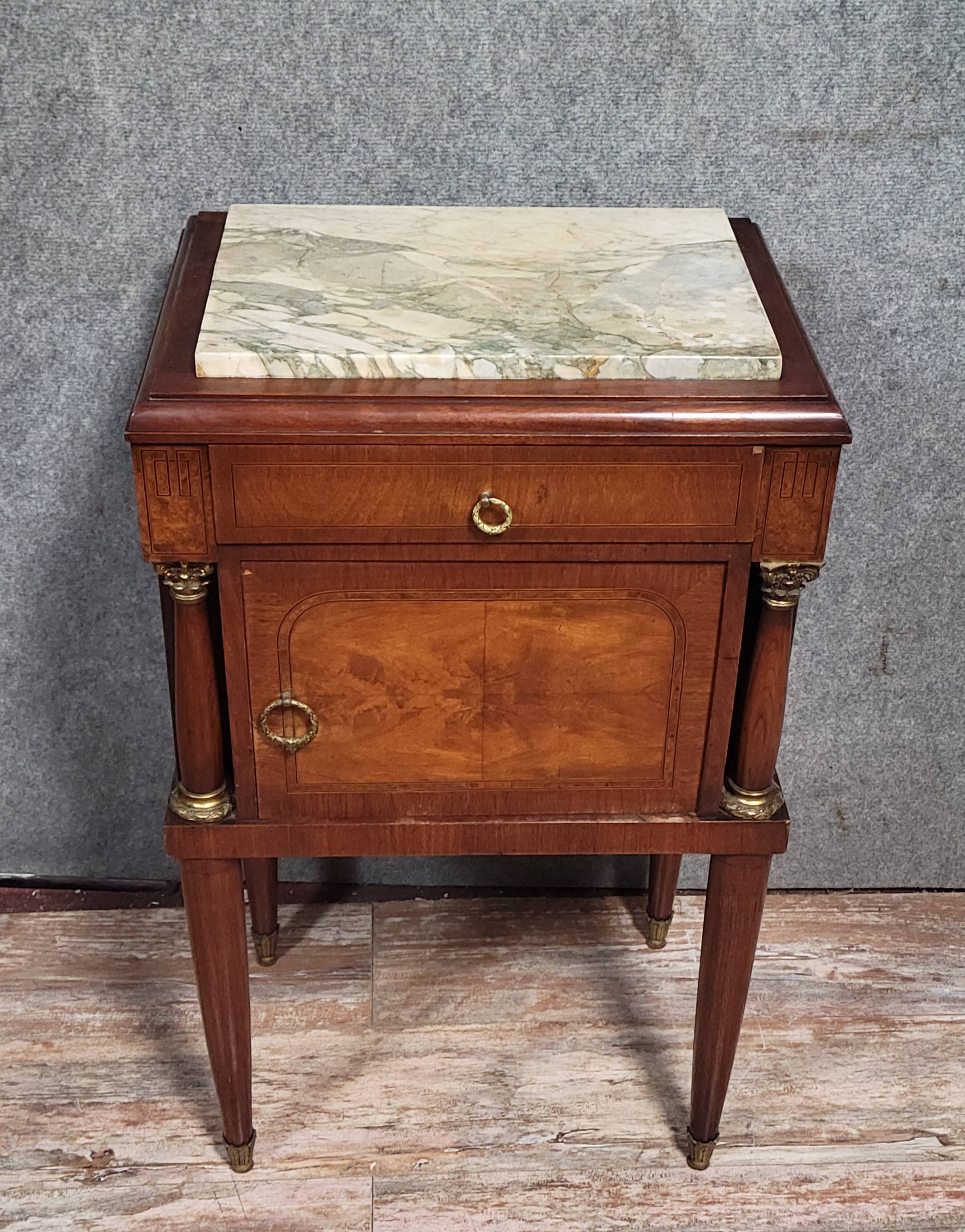 Empire/Restoration style bedside table, mahogany and burl