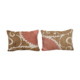 Pink suzani pillow cases fashioned from a vintage suzani, set of two muted brown suzani pillow, lumb