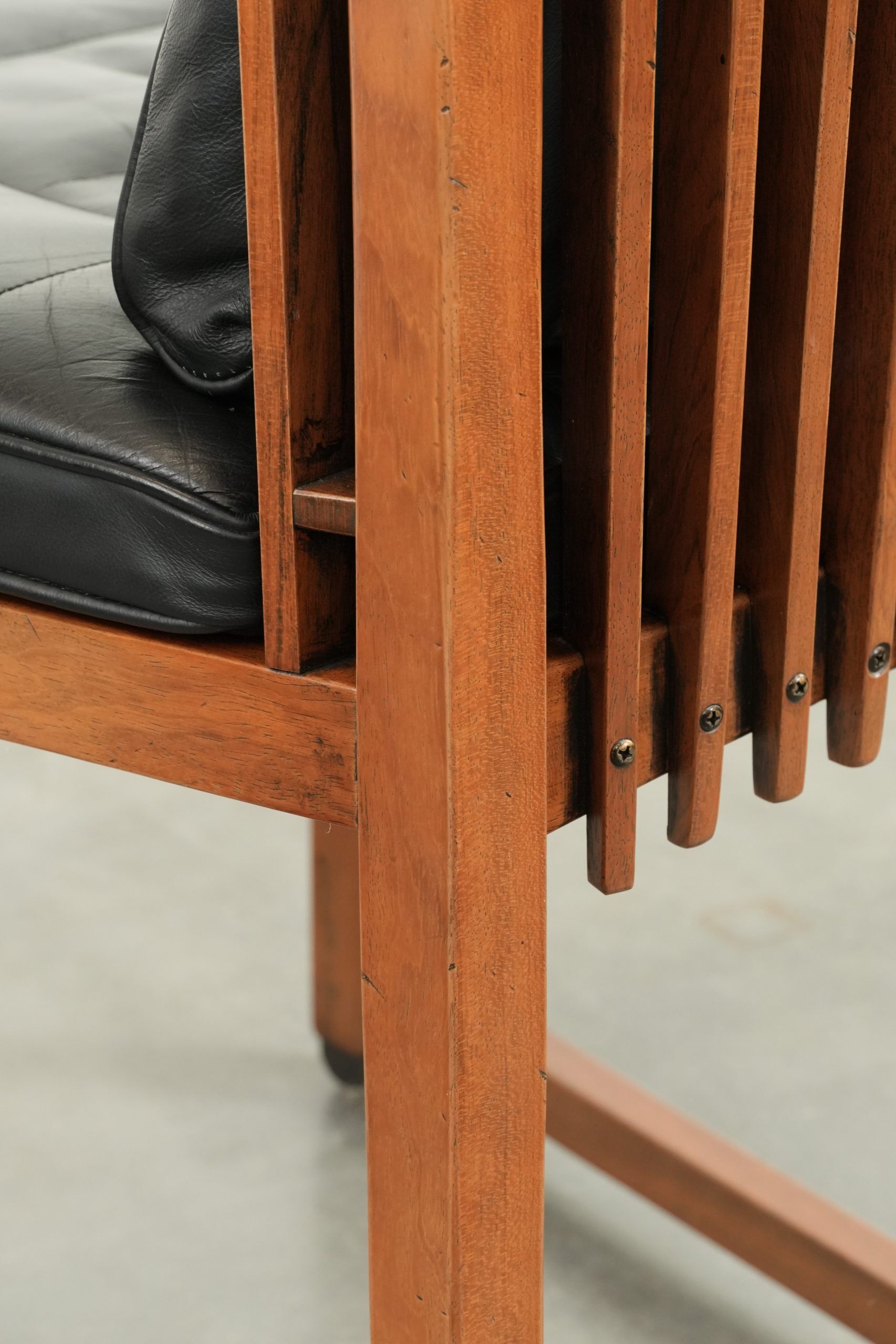 Black leather Art Deco design dining/side/desk chair with armrests