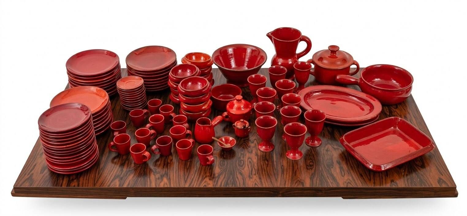 Exceptionnel service de table rouge signé Robert Picault vers 1955.