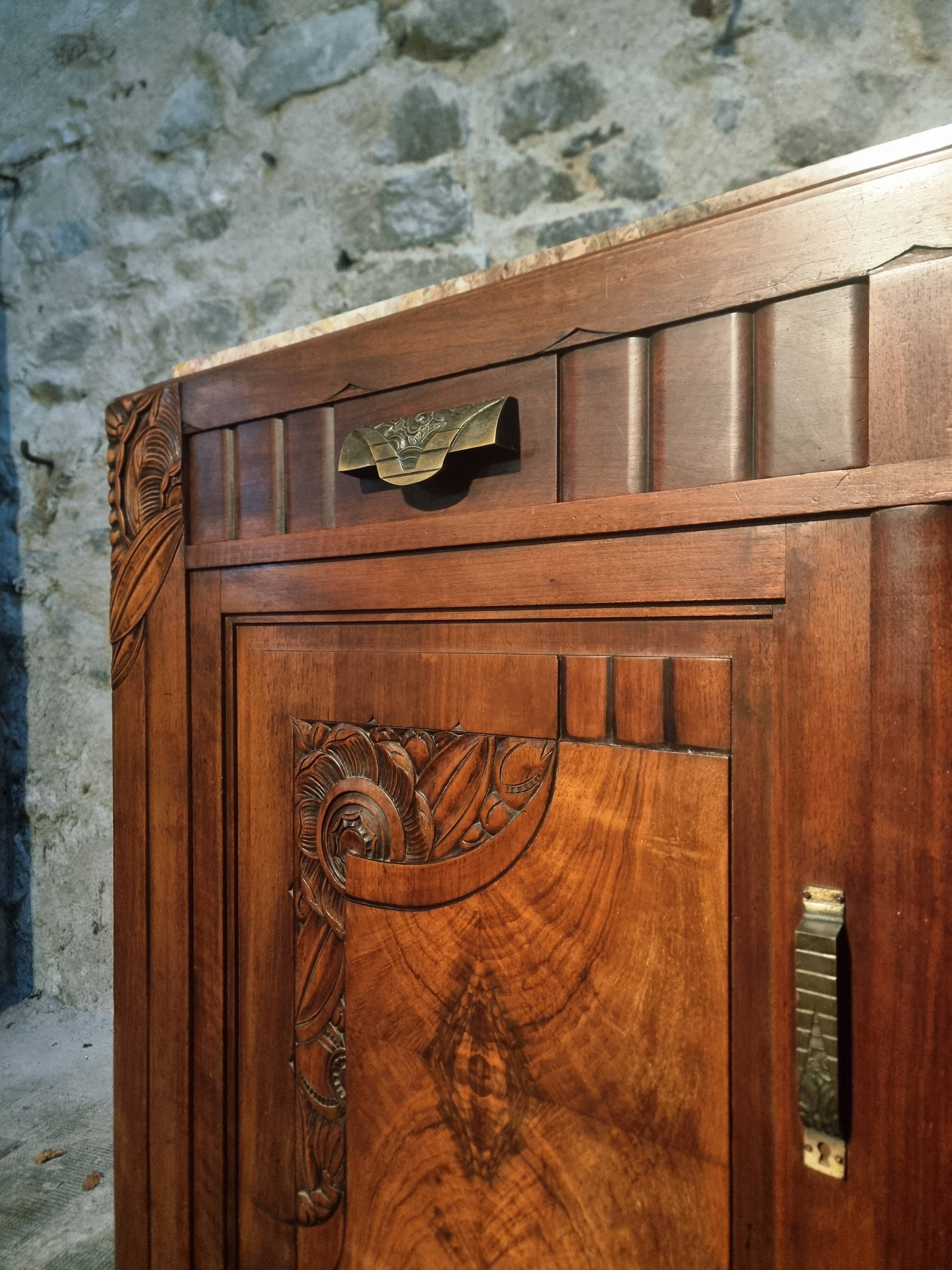 French Art Deco walnut sideboard with marble top (1930s)
