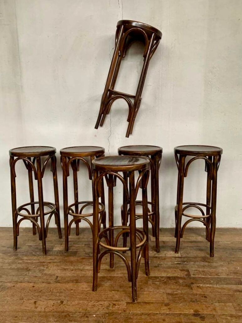 Series of 6 bar stools in curved wood