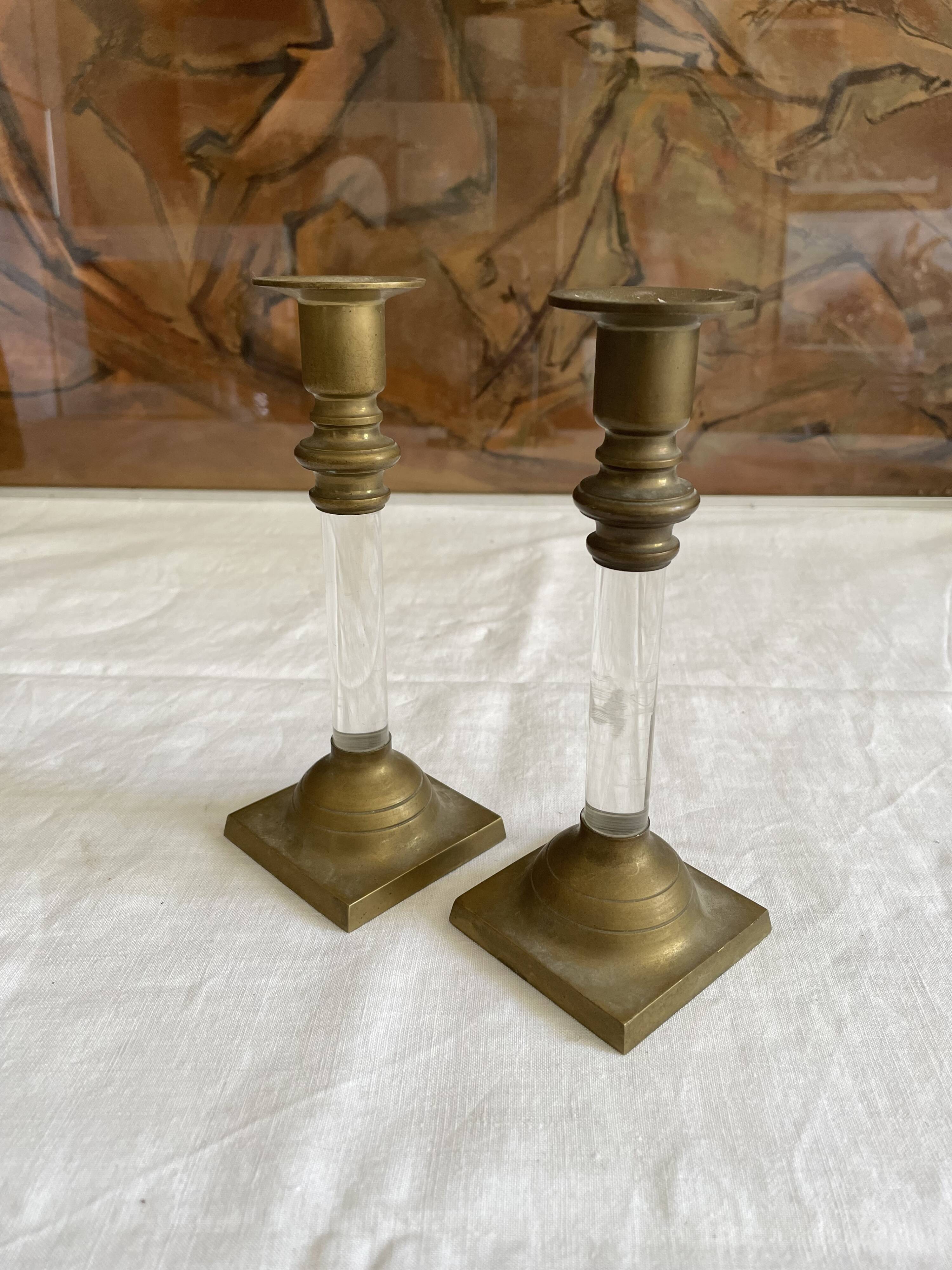 Pair of brass and plexiglass candlesticks 70s