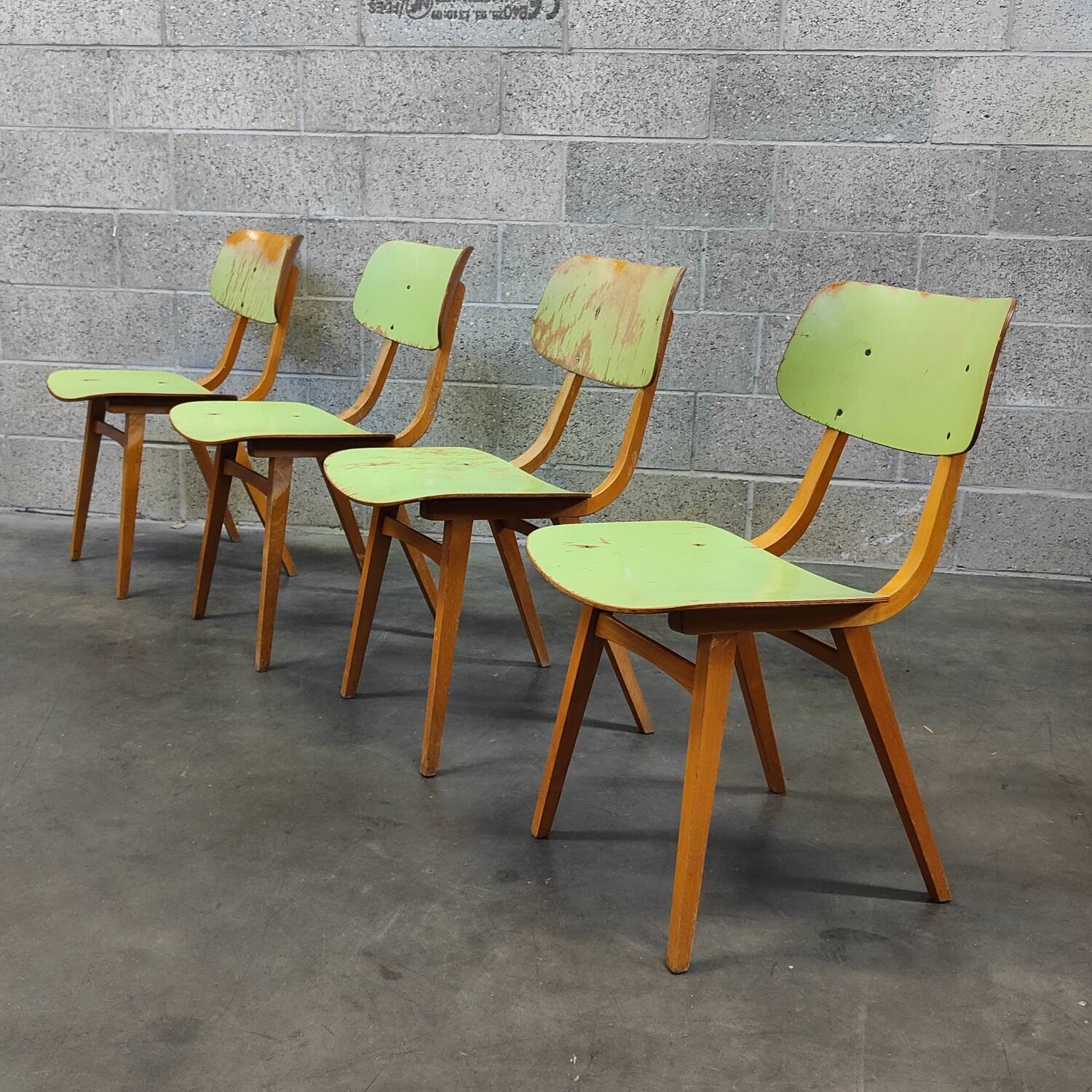 Set of 4 Tatra Nabytok green wood chairs 1960